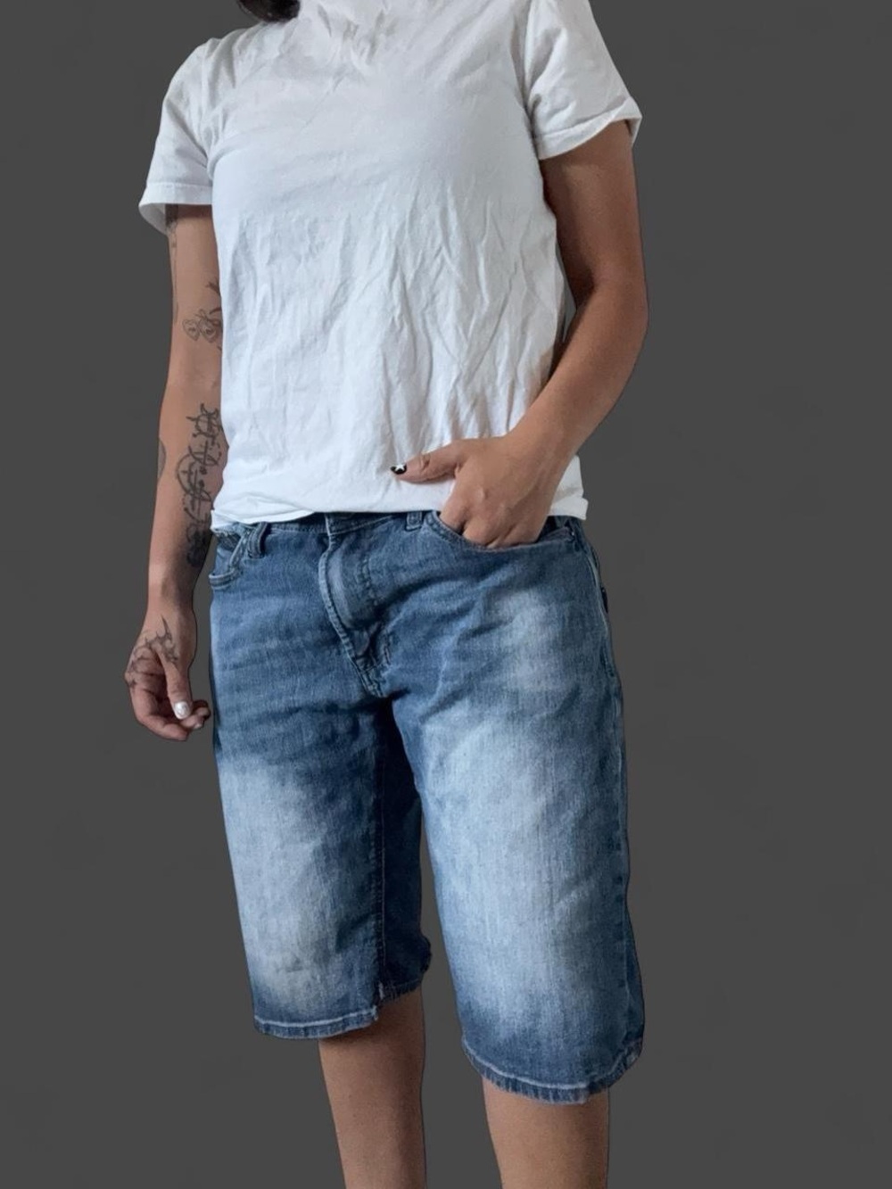 Y2K blue denim shorts with a faded wash, size 32 #y2k #denim
